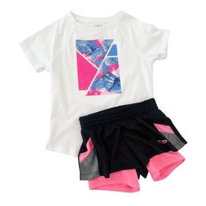 Champion Kids White T-shirt & Black Shorts Set w/ Pink & Blue Accents | Girl XS